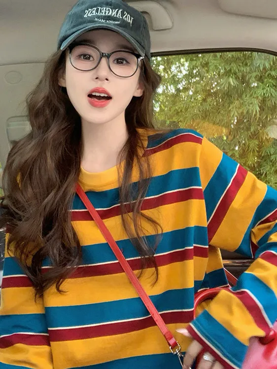 여성용 컬러 블록 스트라이프 긴팔 티셔츠, 둥근 네크라 - Wallpaper 리뷰 및 가격